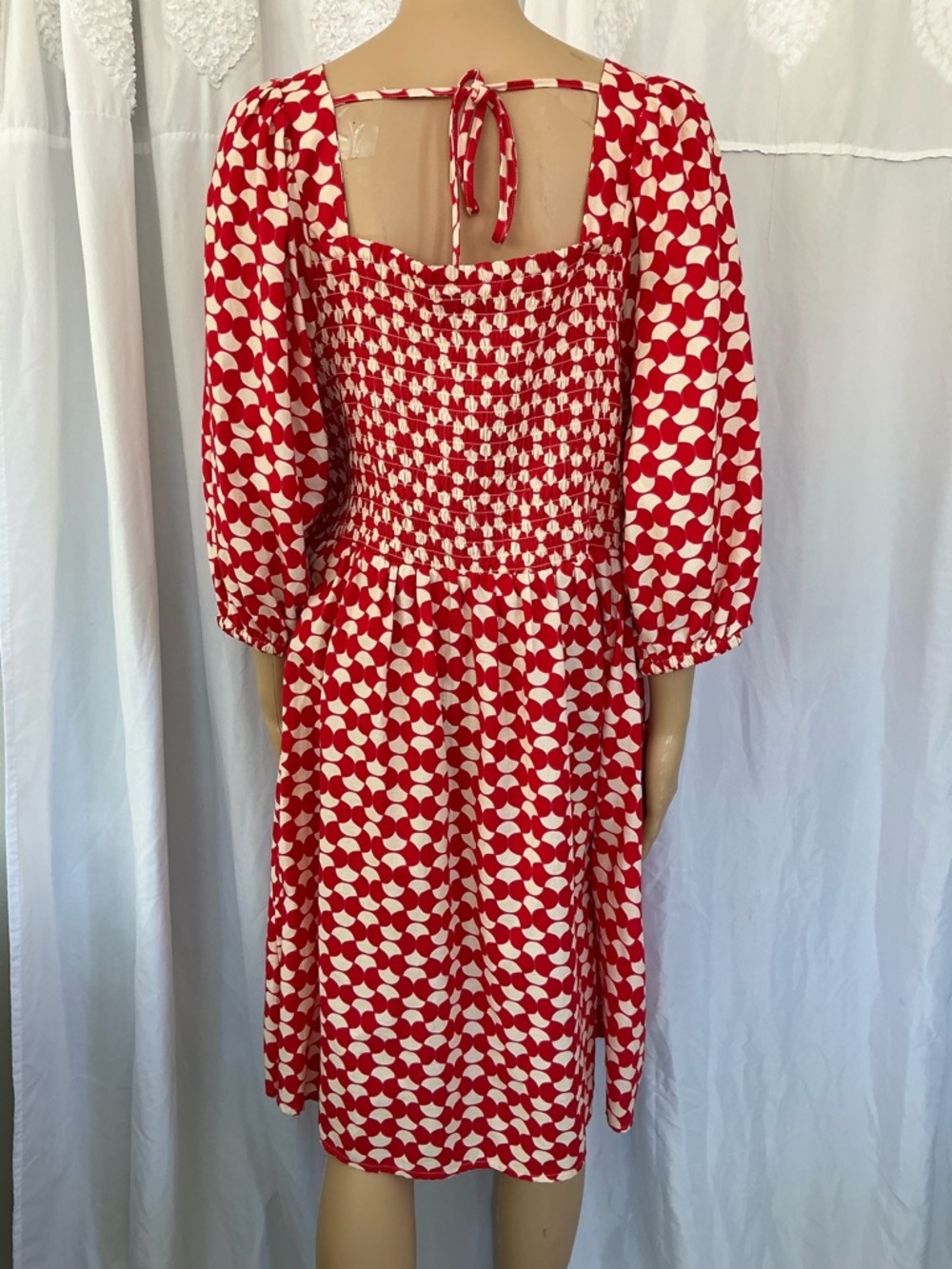 Ava & Viv Red Smocked Square-Neck Midi Summer Beach Red/White Dress 100%Cotton - Picture 5 of 13